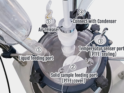 100L Single Layer Glass Reactor Vessel detail - A total of 6 ports on the top of the kettle body